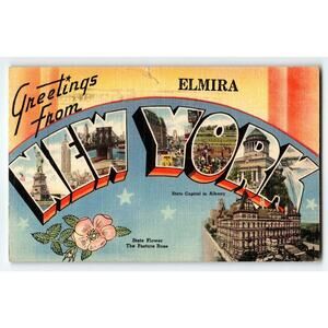 Greetings From Elmira New York 1940's Large Big Letter Linen Postcard NY 1947